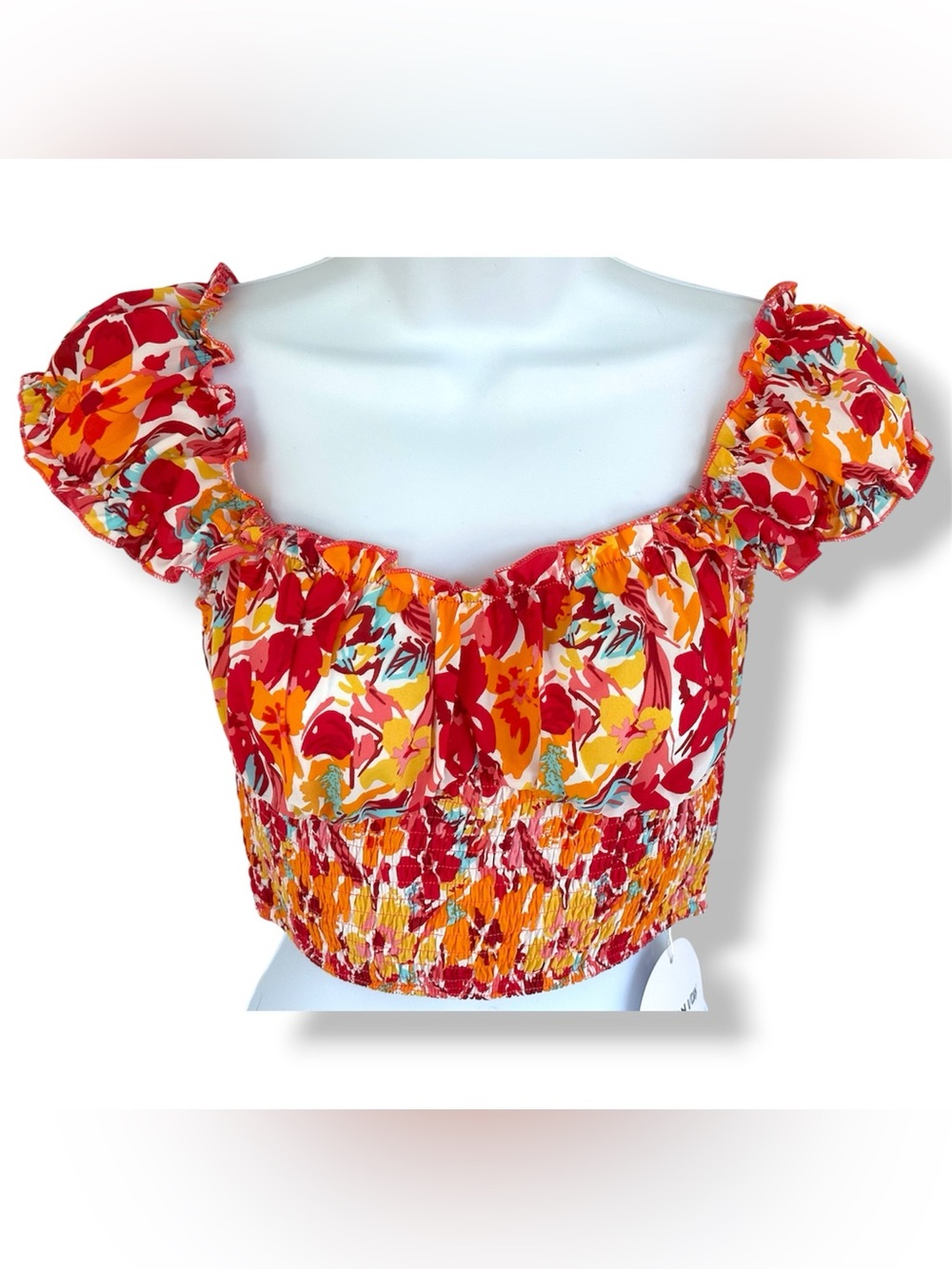 SHEIN Pink & Orange Floral Smocked Puff-Sleeve Crop Top - Picture 2 of 7